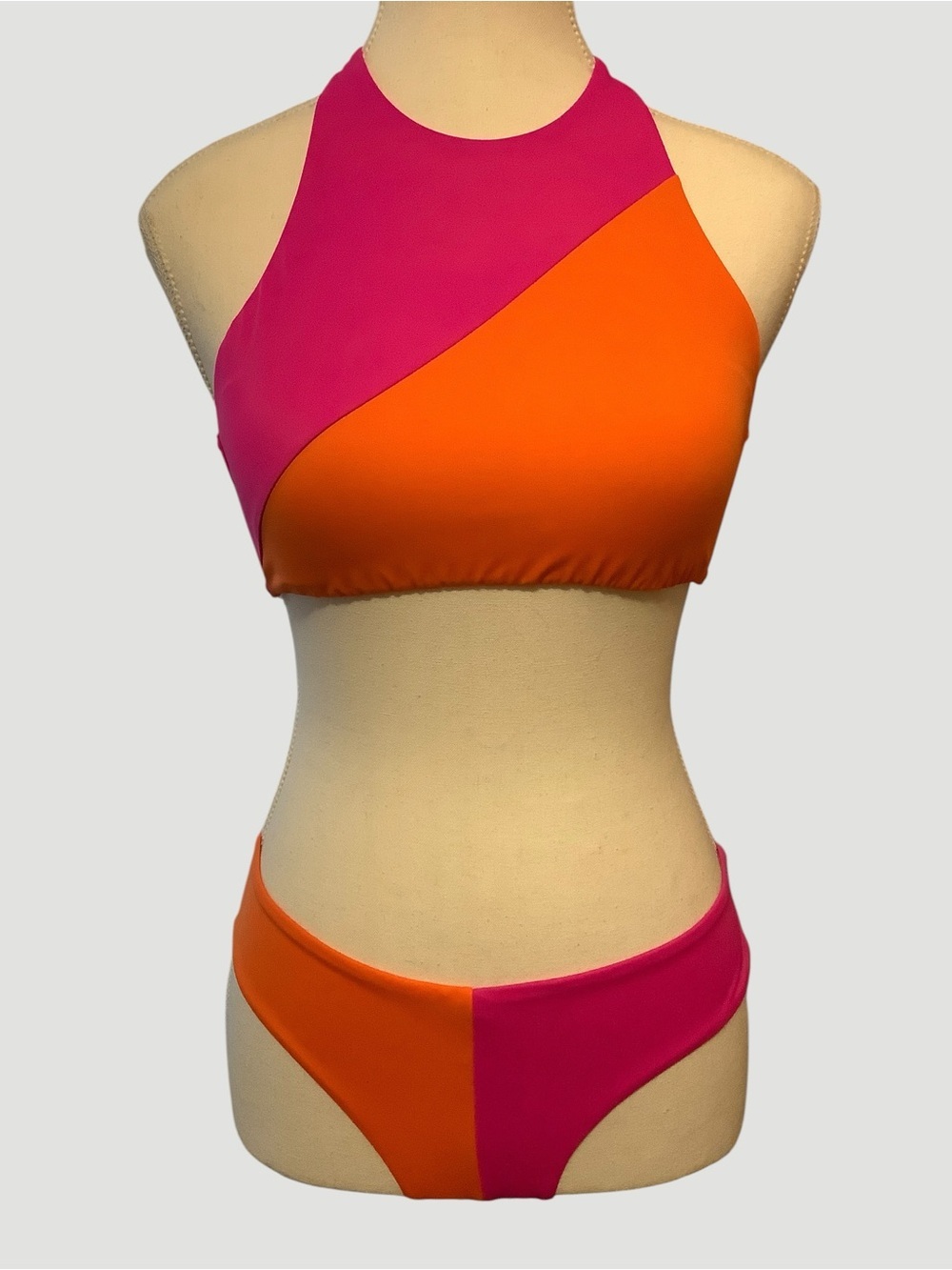 Victoria's Secret Colorblock High Neck Bikini Set Pink Orange Size Small